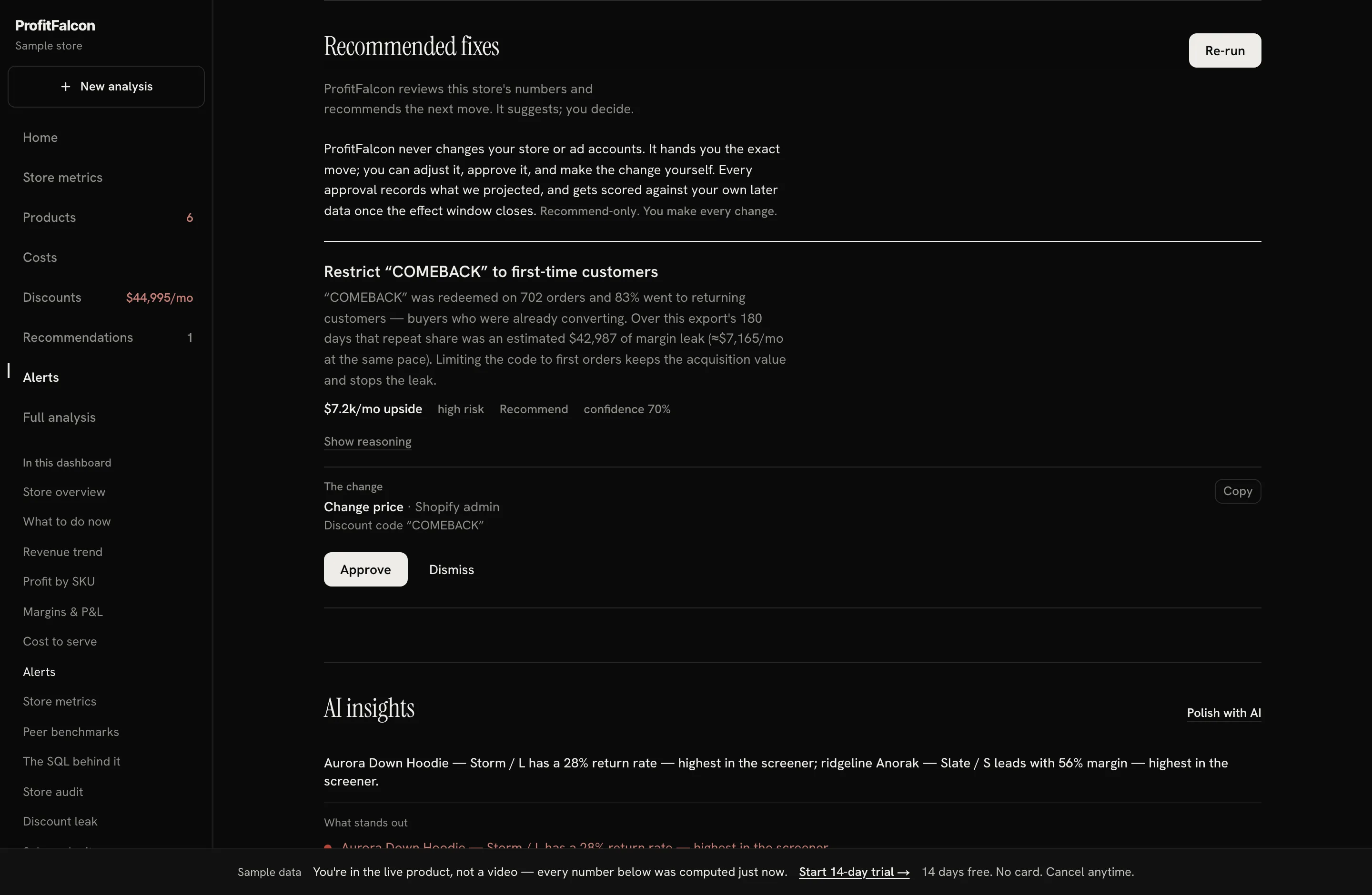 The agent feed: queued recommendations with the dollar impact of each