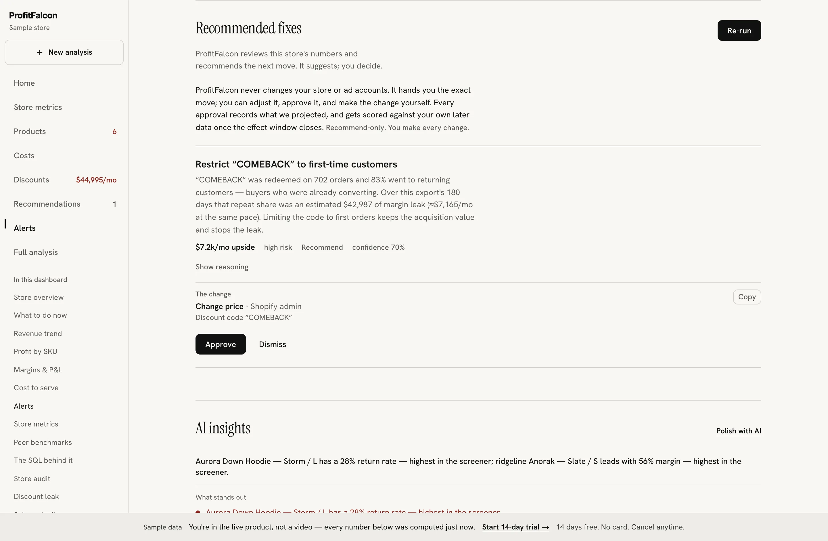 The agent feed: queued recommendations with the dollar impact of each